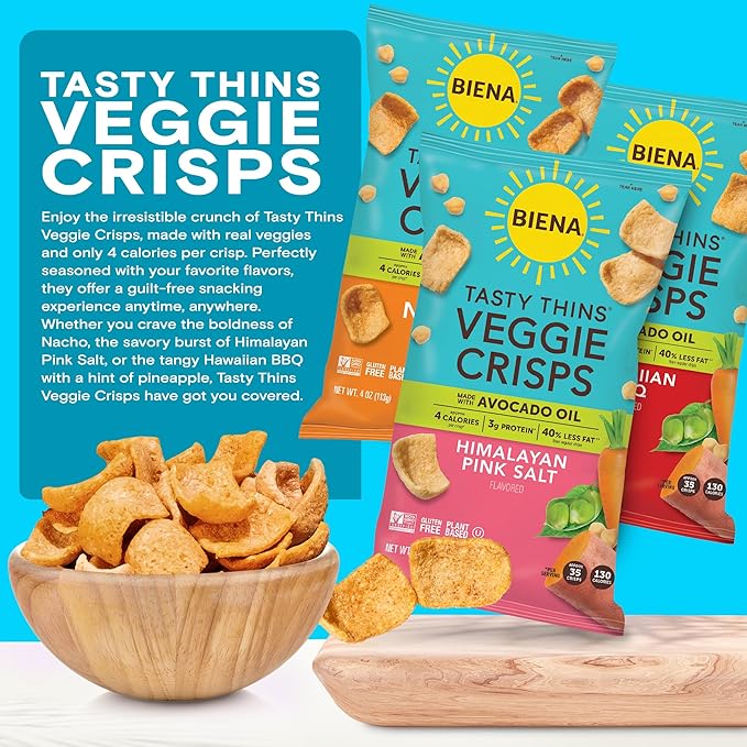 BIENA Tasty Thins Veggie Crisps - Low-Calorie Veggie Chips for Adults and Kids - Variety Pack (6x4-oz Bags) - Hawaiian BBQ, Himalayan Pink Salt, & Nacho