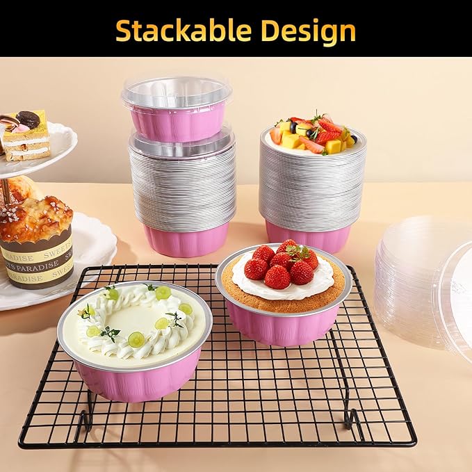 Beasea 8 oz Ramekins with Lids, 120 Pack 8 oz 4 Inch Disposable Mini Pink Aluminum Foil Creme Brulee Baking Cups Small Round Cupcake Tart Pie Tins Pans Individual Containers Oven Safe