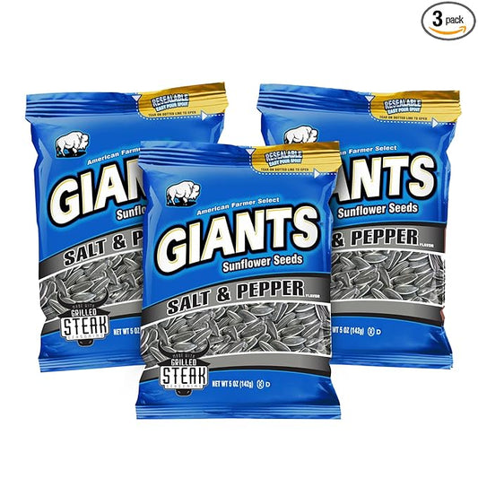 GIANTS Salt & Pepper Sunflower Seeds - Sunflower Seeds Bulk, Cracked Pepper Sunflower Seeds to Eat, Flavored Healthy Snack with 8g Protein Per Serving - 5 oz Bags (Pack of 3)