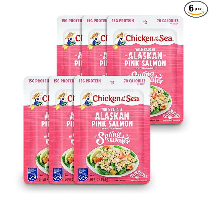 Chicken of the Sea Alaskan Pink Salmon in Spring Water, Wild Caught, Skinless & Boneless, 2.5 oz. Packet (Box of 6)