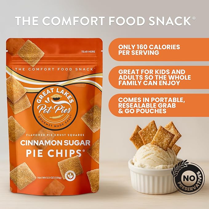Great Lakes Pot Pies - Cinnamon Sugar Pie Chips - Crunchy Cookie Crisp - Buttery Cinnamon Snacks for Adults & Kids - Cinnamon Crackers - 4 Pack