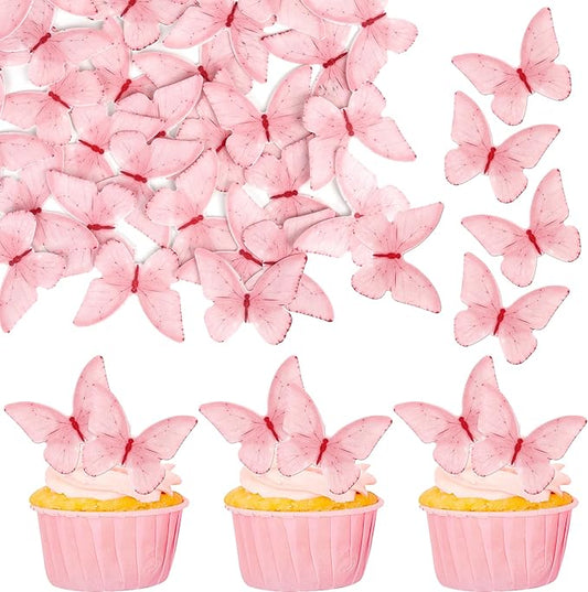 48 PCS Edible Butterfly Cupcake Toppers - Wafer Paper for Cake Decorating - Pink Butterfly Theme Baby Shower, Wedding, Birthday Party Cake Decorations Supplies