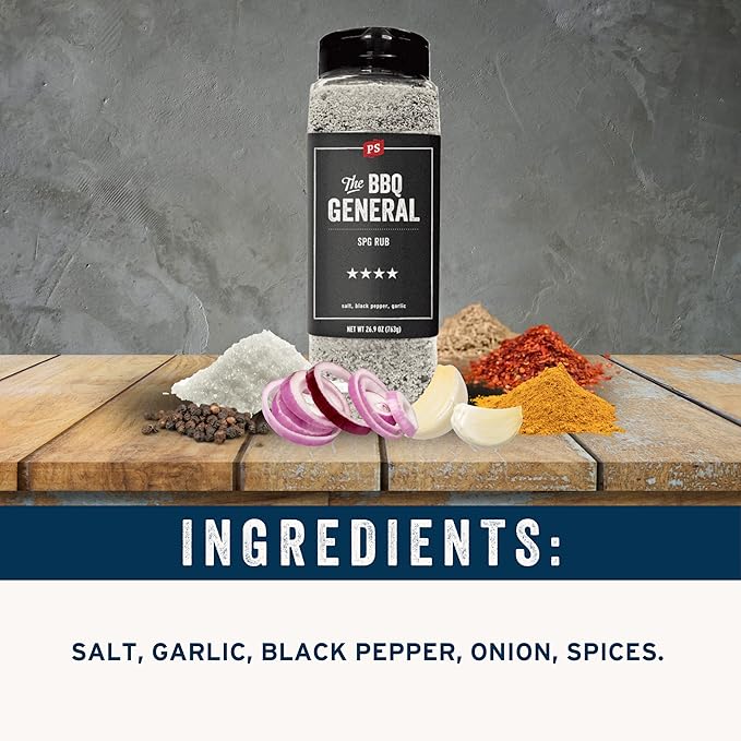 PS Seasoning The BBQ General - SPG Seasoning, All-Purpose BBQ Seasoning & Rubs for Smoking and Grilling- Classic SPG Spice Blend & Multi-Purpose Dry Rub for Steaks, Pork, Chicken, Beef Brisket, 26.9oz