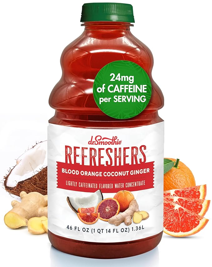 Dr. Smoothie Refreshers Blood Orange Coconut Ginger ??Made with Real Fruit Juice ??Drink Concentrate, No Artificial Colors, Shelf-Stable ??Lightly Caffeinated with Green Coffee Extract (46 oz Bottle)