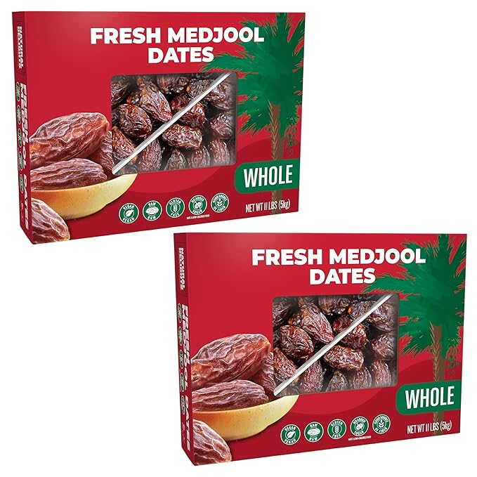 Natural Delights Medjool Dates Whole - Non-GMO Verified Fruit, Good Source of Fiber & Potassium, Naturally Sweet, Snack for On-the-Go, Large & Plump Dates - Bulk 11 lb Box (Pack of 2)