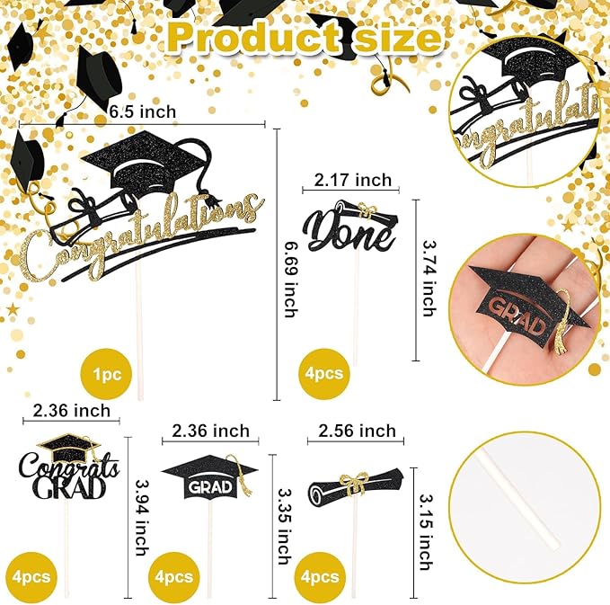 25Pcs Graduation 2024 Cake Topper Glitter Class of 2024 Cupcake Toppers 2024 High School University College Graduation Party Cake Decorations Supplies, Black and Gold