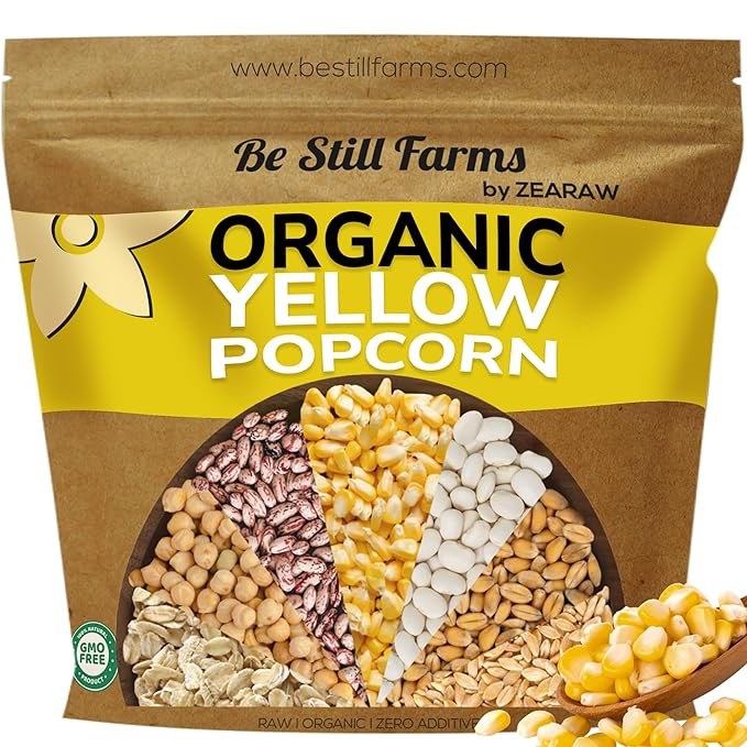 Be Still Farms Yellow Organic Popcorn Kernels (2.8 lb) - Hulless Uncooked Corn Bulk Great for Movie Night - Healthy Microwave Snacks Ideal for Popping - USA Grown | USDA Certified | Vegan | Non-GMO