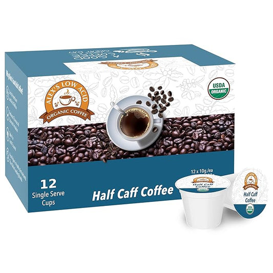 Alex's Low Acid Organic Coffee Single-Serve Pods (12-Pack) - Half Caff