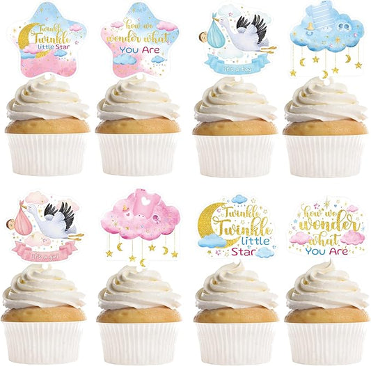 24Pcs Star Baby Shower Cupcake Toppers, Twinkle Twinkle Little Star Cupcake Decorations, Moon Cloud Party Supplies, Gender Reveal Decor