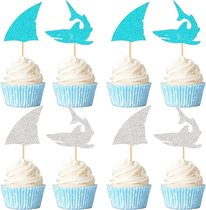 24 PCS Glitter Shark Cupcake Toppers Ocean Themed Party Shark Cake Decor Baby Shower Birthday Party Decorations