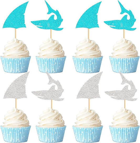 24 PCS Glitter Shark Cupcake Toppers Ocean Themed Party Shark Cake Decor Baby Shower Birthday Party Decorations