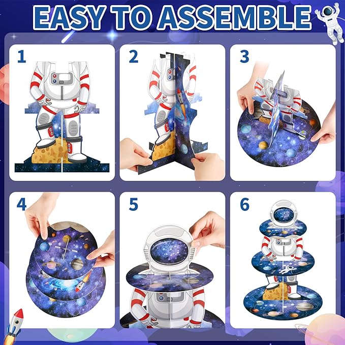 2 Pack Space Astronaut Cupcake Stand Space Themed Party Decorations 3 Tier Cupcake Holder Outer Space Party Decorations Astronaut Dessert Tower for Boys Kids Galaxy Birthday Supplies