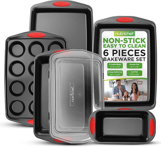 NutriChef 6-Piece Baking Pan Set - PFOA, PFOS, PTFE Free Flexible Nonstick Black Coating Carbon Steel Bakeware - Professional Home Kitchen Bake Cookie Sheet Stackable Tray w/Red Silicone Handles