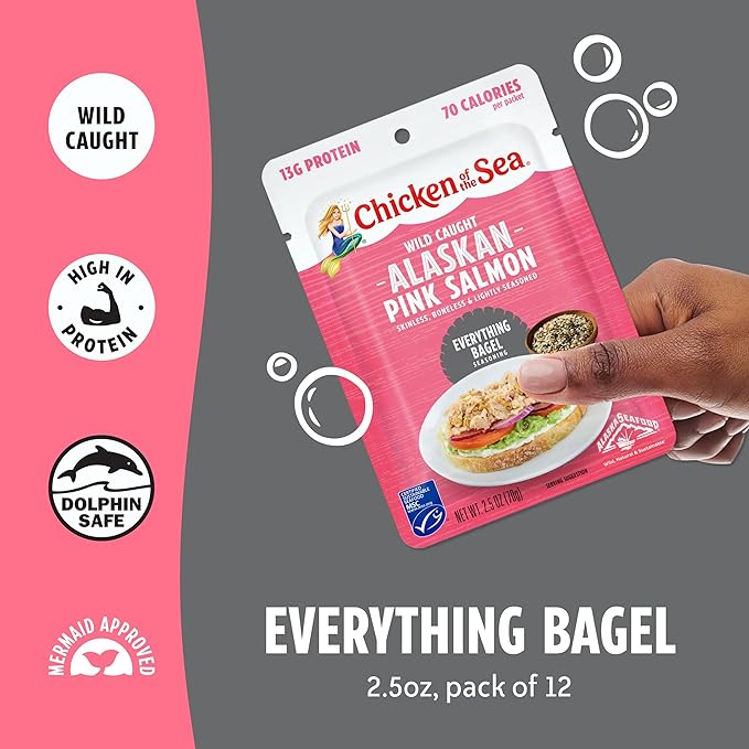 Chicken of the Sea Alaskan Pink Salmon, 2.5 oz. Packets (Box of 12), Wild Caught Salmon, Everything Bagel Seasoning