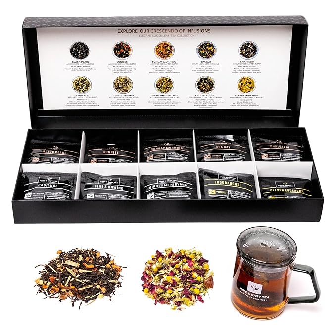 Pure And Easy Tea, Premium Loose Leaf Tea Sampler Set, 30-Count Variety Pack with 10 Herbal & Caffeinated Flavors, Natural Wellness & Luxury Tea Gift Box, 150g
