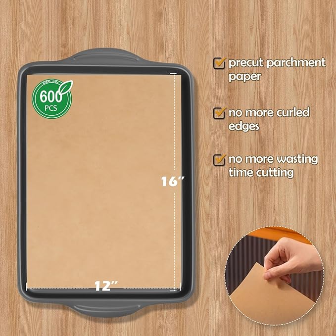 600Pcs Unbleached Parchment Paper Sheets for Baking, 12 x 16 Inch, Non-Stick Precut Half Sheet Parchment Paper for Baking, Cooking, Air Fryer, Oven (12?œx16??600pack)