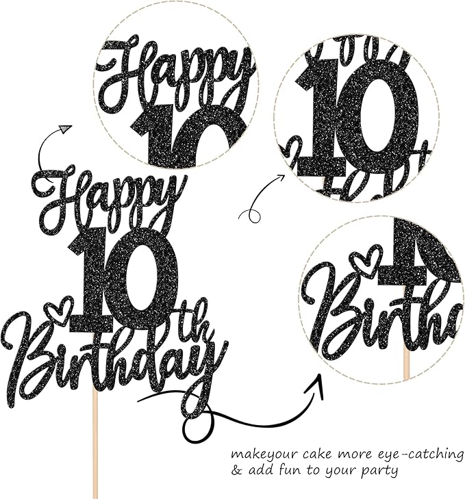 1 PCS Happy 10th Birthday Cake Topper Glitter Cheers to 10 Years Birthday Cake Pick Ten 10 Fabulous Cake Decoration for Happy 10th Birthday Anniversary Theme Party Decorations Supplies Black