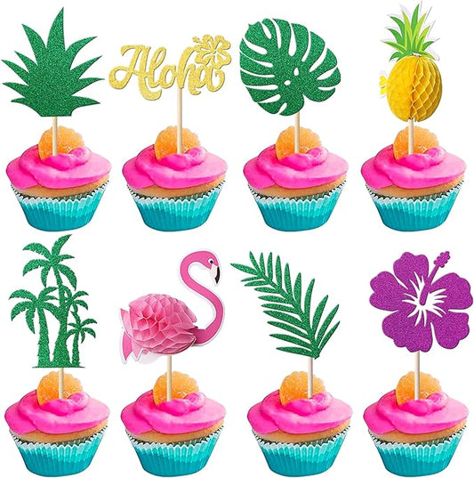 Rsstarxi 24 Pack Tropical Cupcake Toppers Glitter Leaf Pineapple Flamingo Cupcake Picks Aloha Hawaiian Luau Cake Decorations for Summer Aloha Theme Baby Shower Birthday Wedding Party Decor