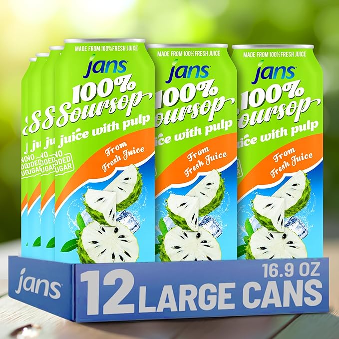 Soursop Juice with Pulp (Guanabana), 16.9 oz (Pack of 12) JANS | 100% Pure Soursop Graviola | NO Sugar Added, NOT From Concentrate, Fat-Free, Cholesterol-Free, Refreshing Taste of the Tropics