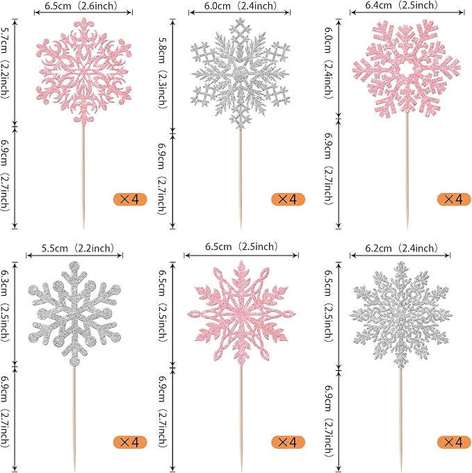 Rsstarxi 24 Pack Snowflake Cupcake Toppers Glitter Winter Wonderland Theme Cupcake Picks Snowflake Cake Decorations for Winter Frozen Baby Shower Birthday Party Decorations Silver Pink