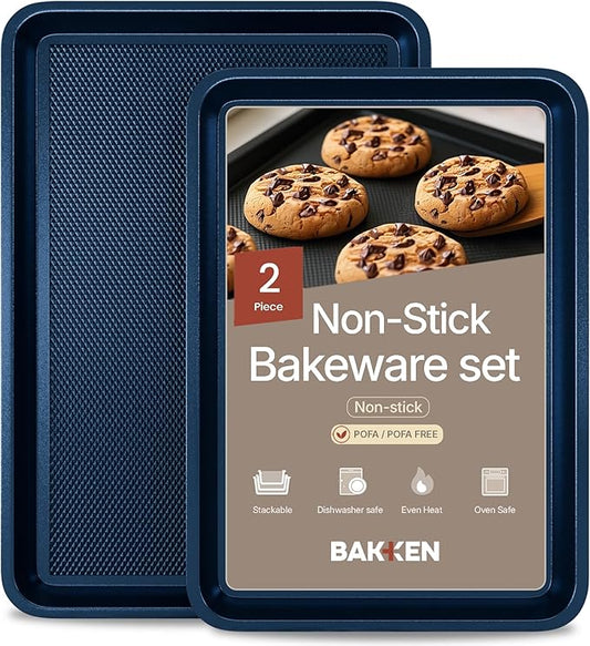 Diamond Bottom Cookie Sheet Set of 2, Nonstick Blue Carbon Steel Baking Pans for Crisp Baking, Space-Saving Stackable Trays, PFOA, PFOS, PTFE Free, Oven Safe Up to 450°F, Small & Medium Pans