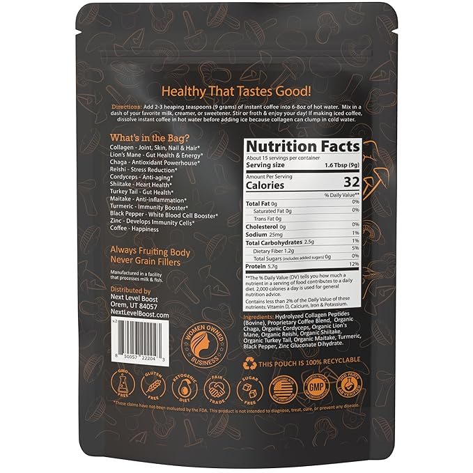 Immunity Boost Organic Mushroom Instant Coffee - 135g, 15 Servings Pouch - Healthy Coffee alternative and Substitute - With Chaga, Collagen, Lions Mane and Antioxidants