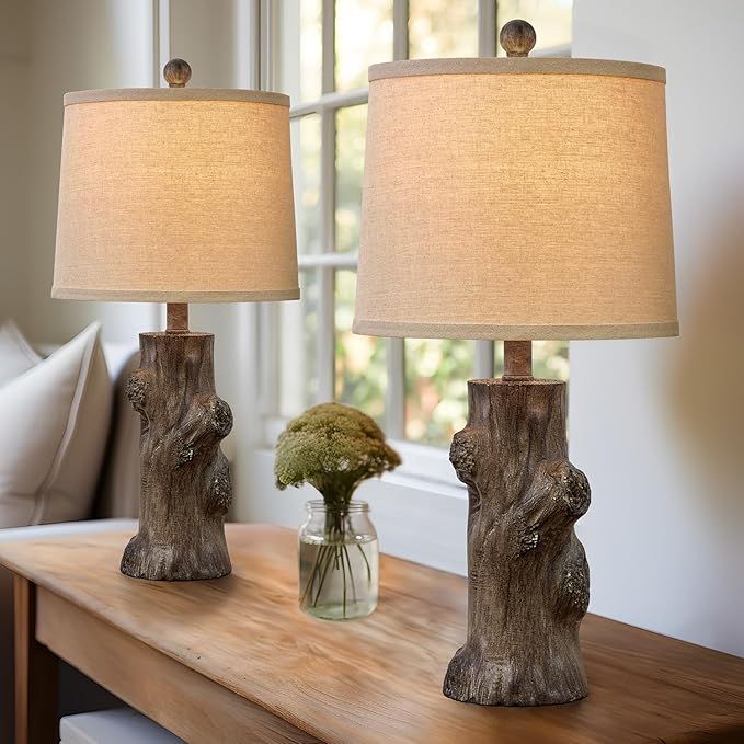 OYEARS 23"Resin Table Lamps for Living Room Set of 2 Country Cottage Farmhouse Lamp for Bedroom Tree Trunk Wood Grain with Oatmeal Fabric Round Shade Vintage Rustic Traditional Nightstand Bedside Lamp