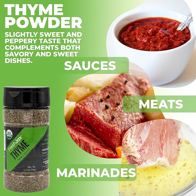 FreshJax Organic Thyme Leaves (1.2 oz Bottle) Non GMO, Gluten Free, Keto, Paleo, No Preservatives Dried Thyme Leaves | Handcrafted in Jacksonville