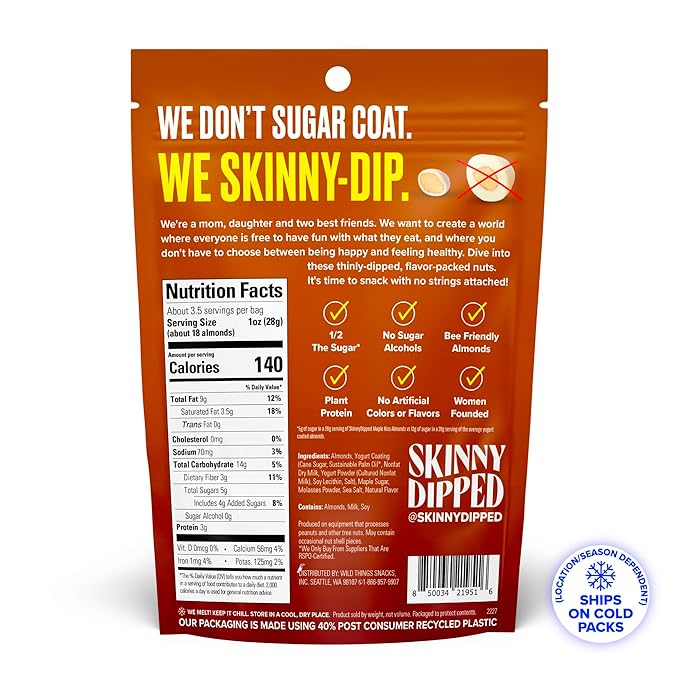 SkinnyDipped Maple Kiss Almonds, Healthy Snack, Plant Protein, Gluten Free, 3.5 oz Resealable Bags, Pack of 5, Seasonal Flavor