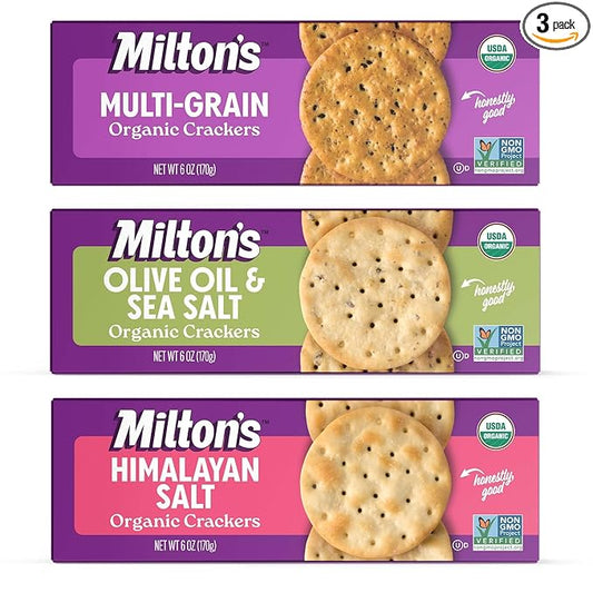 Milton's Organic Crackers Variety Bundle (Multi-Grain, Olive Oil & Sea Salt, Himalayan Salt) - Certified Organic, Non-GMO Project Verified, Kosher, Great for Charcuterie Boards - 6 Oz, Pack of 3