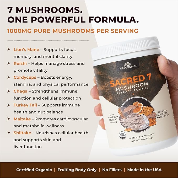 Sacred 7 Organic Mushroom Supplement ??100% Fruiting Body Extract Powder with Lions Mane, Reishi, Chaga & More | Nootropic & Immune Support for Coffee, Tea, Smoothies ??60 Servings