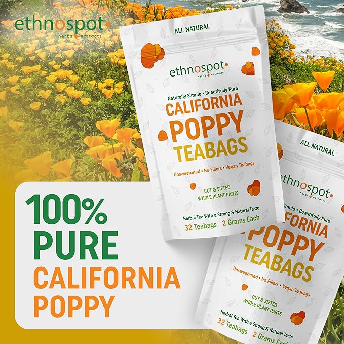 Pure California Poppy Tea - Natural California Poppy for Relaxation, Premium California Poppy Extract 100% Natural Herbal Tea Stress Relief & Calming Nervous System - 2 Gram Teabags - 32 Vegan Teabags