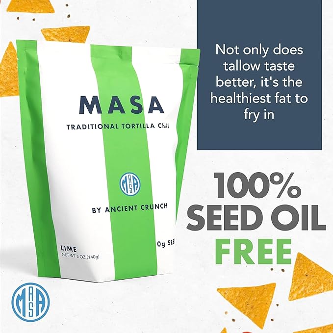 MASA Chips - Lime Flavored Tortilla Chips, Handmade Corn Chips & Crisps - Naturally Grown White Corn, Made with Grass Fed Tallow & Sea Salt - 2 Pack, 5 Ounce Each