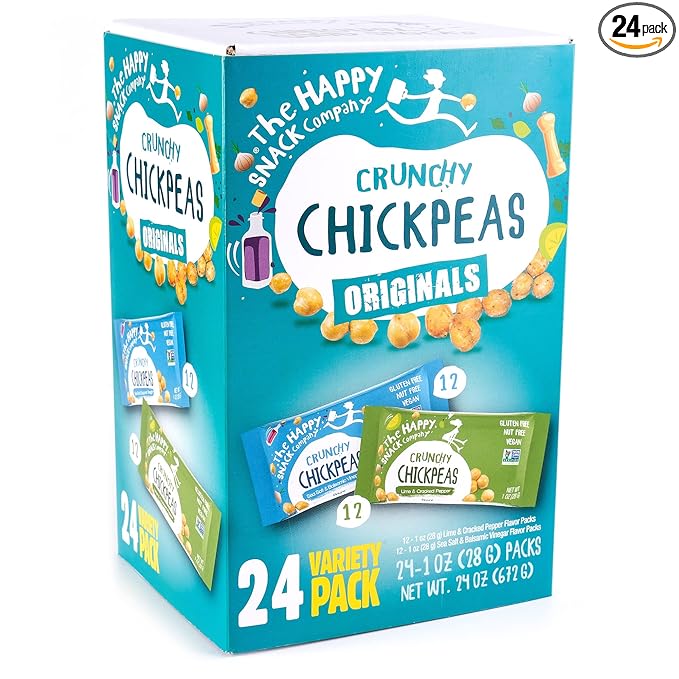 The Happy Snack Company Crunchy Chickpeas Variety Pack 24 x 1 oz ( Sea Salt & Balsamic Vinegar Flavor and Lime & Cracked Pepper Flavor). 5g Plant Based Protein & 120 Cals. Gluten, Nut & Dairy Free, Non-GMO and Vegan.