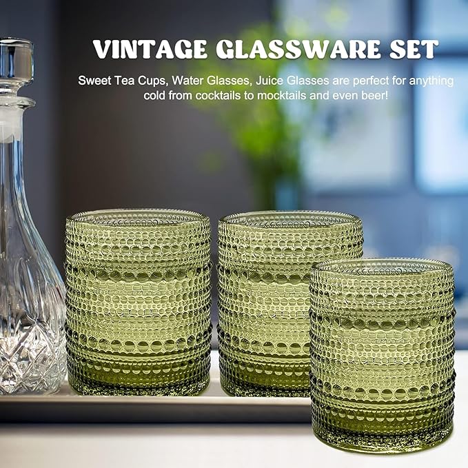 Set of 4 Vintage 12 oz Crystal Glasses, Old Fashioned Glass Cups for Water, Juice, Coffee, and Beer (Green)
