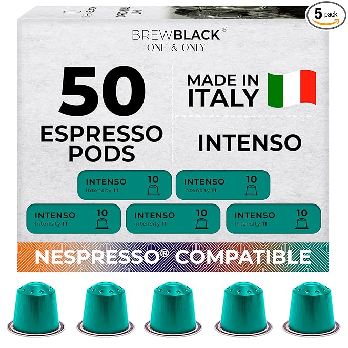 BrewBlack Intenso Coffee Capsules - 50 Aluminum Coffee Pods Compatible with Nespresso Original line, Dark Roast - Intensity 11/12, Made in Italy