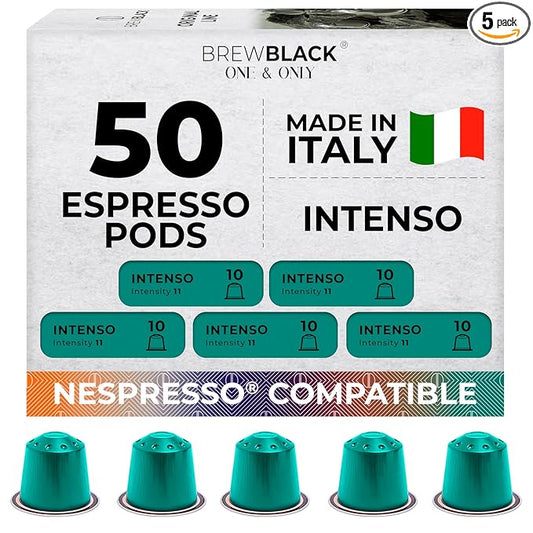 BrewBlack Intenso Coffee Capsules - 50 Aluminum Coffee Pods Compatible with Nespresso Original line, Dark Roast - Intensity 11/12, Made in Italy