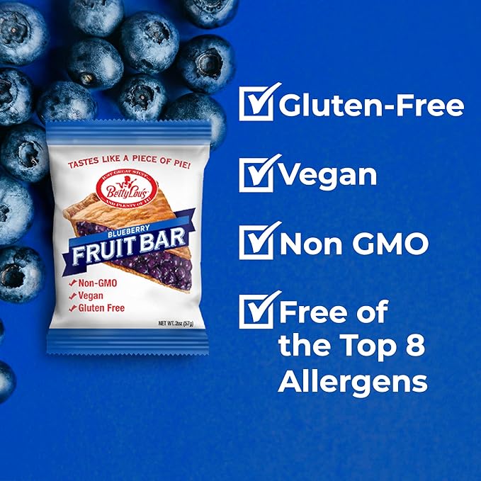 Betty Lou's Fruit Bars, Blueberry Pack of 12, Gluten Free, Vegan, Non GMO, Deliciously Healthy Snacks Made with All Natural Fruit Juice, Individually Wrapped, 2 oz. Each, 12 Bars