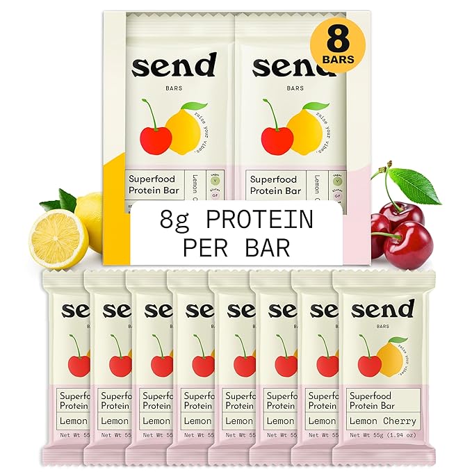 Send Bars Plant-Based Vegan Healthy Protein Bars, With Greens (Lemon Cherry, 8 Bars) ??Only Real Ingredients, Zero Added Sugar, Gluten-Free, Dairy-Free