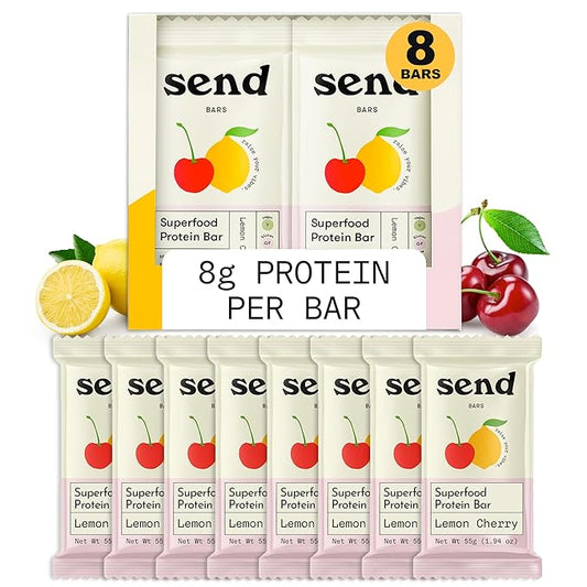 Send Bars Plant-Based Vegan Healthy Protein Bars, With Greens (Lemon Cherry, 8 Bars) ??Only Real Ingredients, Zero Added Sugar, Gluten-Free, Dairy-Free
