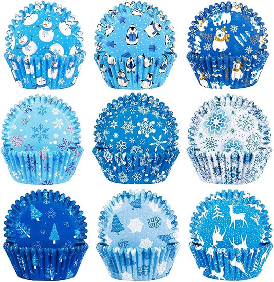 SANNIX 450pcs Winter Christmas Cupcake Liners Santa Snowflakes Cupcake Wrappers Baking Cups Paper Wraps Muffin Liners for Xmas Winter Birthday Party Candy Cake Decorations Supplies(9 Designs)