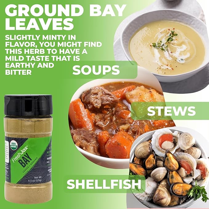 FreshJax Ground Bay Leaves | Non GMO, Gluten Free, Keto, Paleo, No Preservatives Bay Leaf Powder | Premium Organic Spices, Herbs, Seasonings, and Salts | Handcrafted in Jacksonville