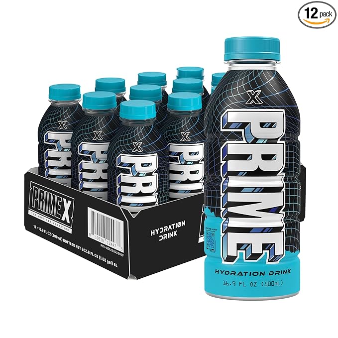 PRIME Hydration PRIME X, Sports Drinks, Electrolyte Enhanced for Ultimate Hydration, 250mg BCAAs, B Vitamins, Antioxidants, Low Sugar, 16.9 Fl Oz, 12 Pack