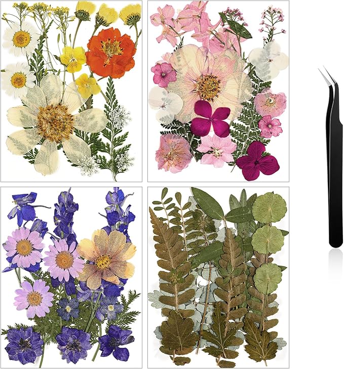 Nuanchu Pressed Flowers Bulk Dried Flower for Crafts, Dried Wildflowers Leave Natural with Tweezer for Resin Mold Scrapbooking Nail Soap Making DIY(Boho Style,Light Color)