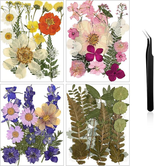 Nuanchu Pressed Flowers Bulk Dried Flower for Crafts, Dried Wildflowers Leave Natural with Tweezer for Resin Mold Scrapbooking Nail Soap Making DIY(Boho Style,Light Color)