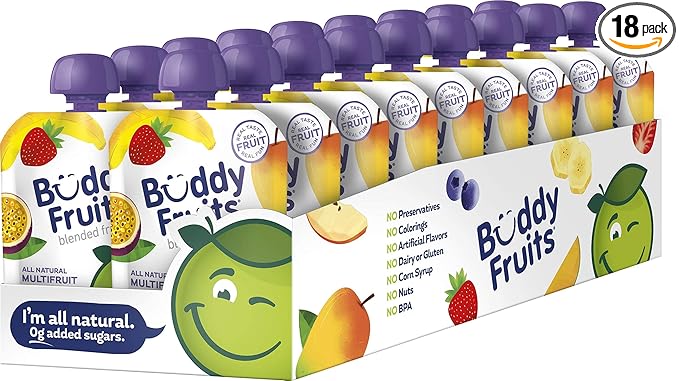 Buddy Fruits Snacks To Go Multifruit Unsweetened Applesauce 3.2oz Pouch (18pk) Gluten-Nut-Dairy-Preservatives-BPA Free, Non GMO, Kosher