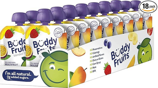 Buddy Fruits Snacks To Go Multifruit Unsweetened Applesauce 3.2oz Pouch (18pk) Gluten-Nut-Dairy-Preservatives-BPA Free, Non GMO, Kosher