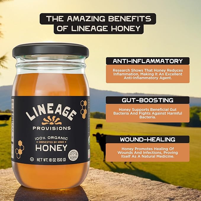Lineage Provisions 100% Organic Raw Unfiltered Honey – 3-Pack (18 oz Glass Jars) – Undetectable Glyphosate, Chemical-Free, Gluten-Free & Non-GMO – Undergoes no heating, processing, straining, or additives – Hand-Harvested Pure Honey