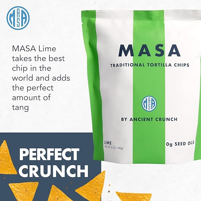 MASA Chips - Lime Flavored Tortilla Chips, Handmade Corn Chips & Crisps - Naturally Grown White Corn, Made with Grass Fed Tallow & Sea Salt - 2 Pack, 5 Ounce Each