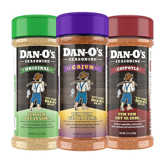Dan-O's 3 Bottle Seasoning Set, Small Bottles, 3 Pack, Includes Original, Chipotle and Cajun Seasonings, Sugar Free, Zero Calorie, Use this Seasoning Kit on Meat, BBQ or Sauce